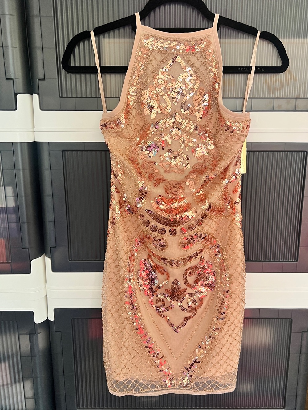 Sequin-Embellished Nude Gold Halter Mini Dress Size S